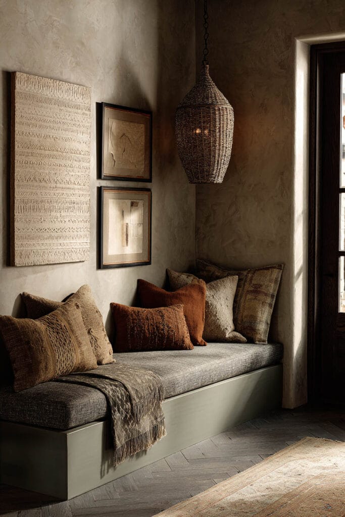 Sage green entryway bench with gray cushion, warm brown pillows, woven pendant light, and textured wall art.