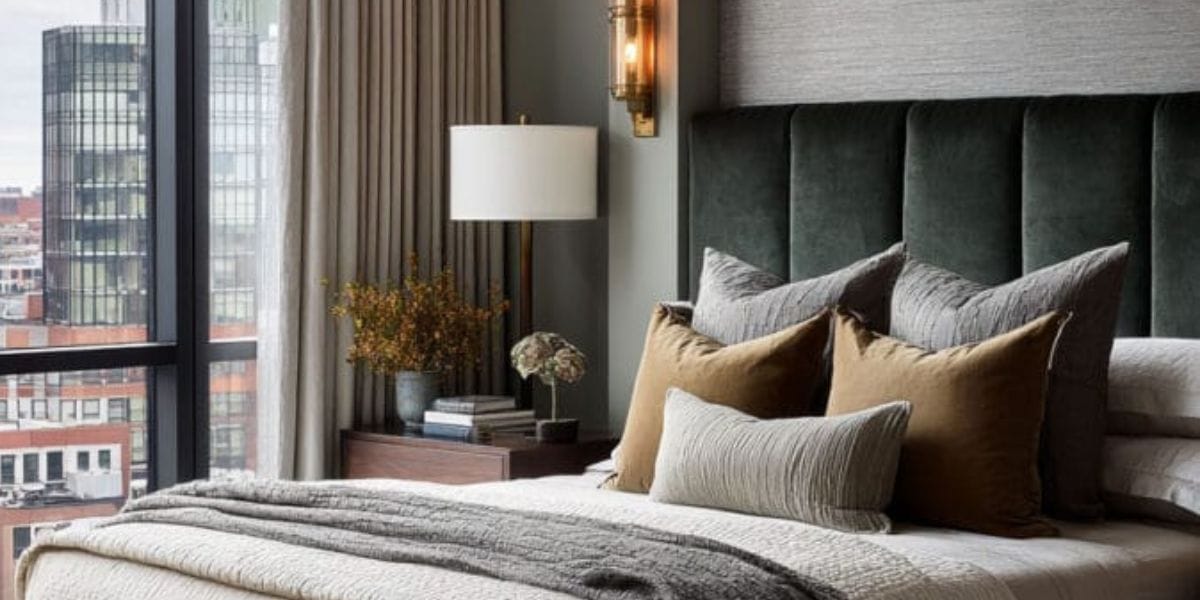 Rustic sage green kitchen with tiled counters, brass faucet, open wood shelves, and clay pottery accents.