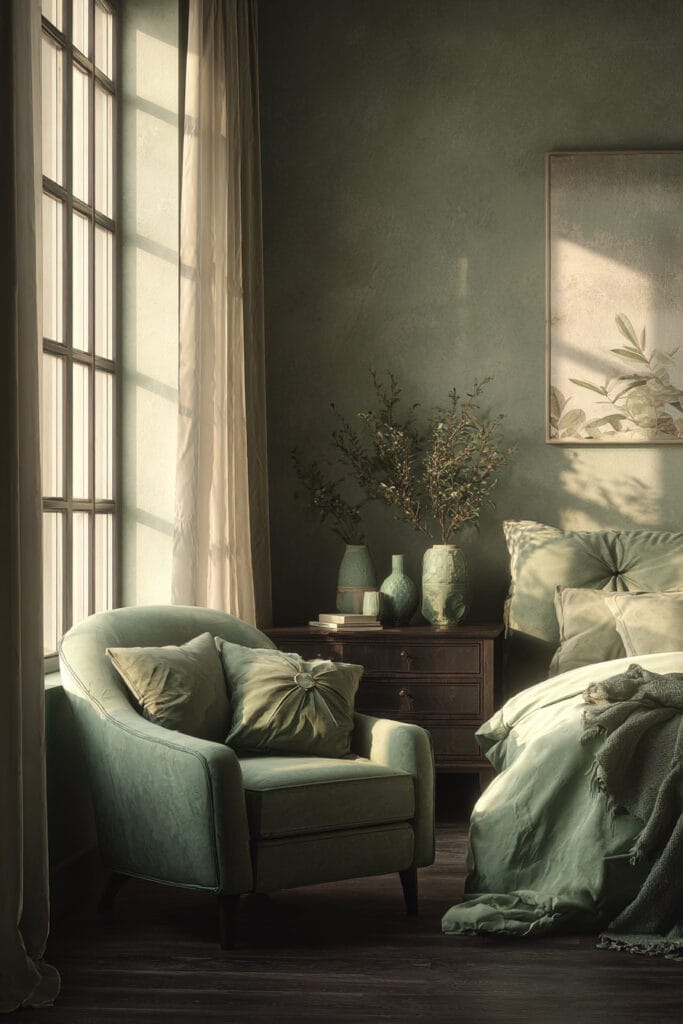 Sage green bedroom with soft sunlight, layered green bedding, cozy armchair, and natural decor accents.