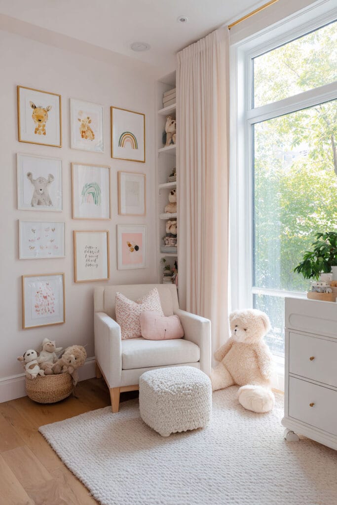 Nursery gallery wall with animal and rainbow prints, blush curtains, white armchair, plush rug, and cozy reading nook for baby room decor.