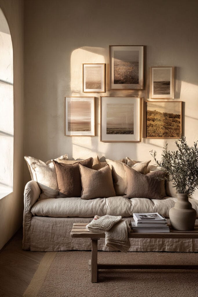Neutral living room with warm-toned gallery wall, linen sofa, natural wood frames, rustic bench, and soft earthy decor in natural sunlight.