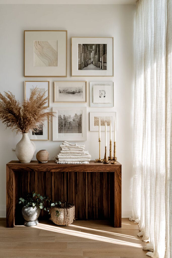 Neutral console area with gold-framed gallery wall, pampas grass vase, brass candlesticks, wood console table, and soft natural lighting.
