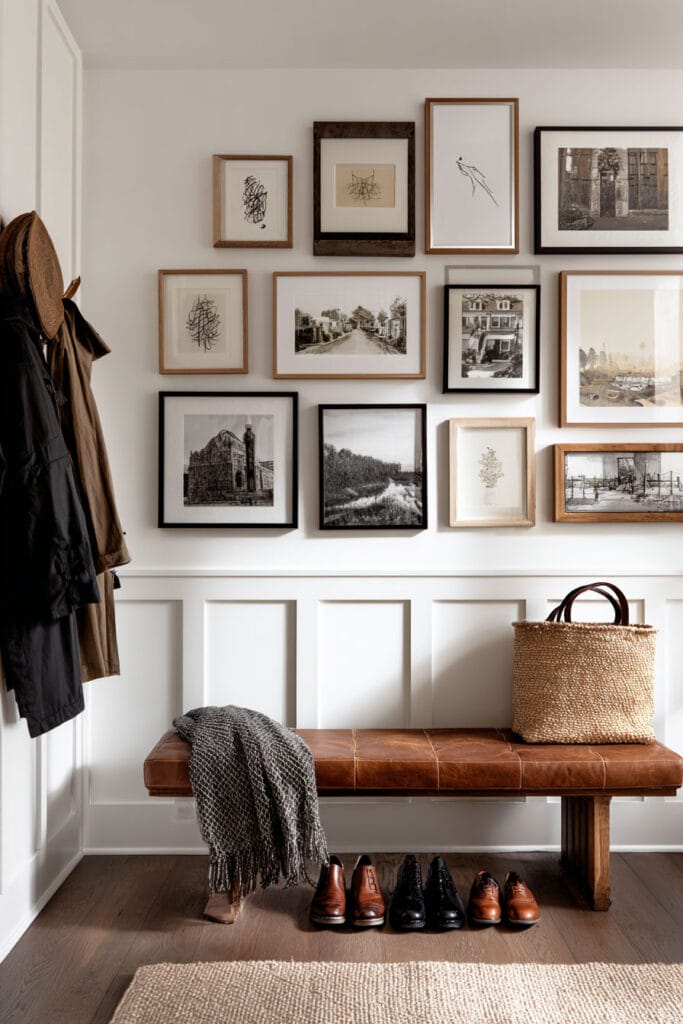 Entryway gallery wall with mixed frames, leather bench, woven tote, sketches, and architectural art in a warm, modern rustic style.