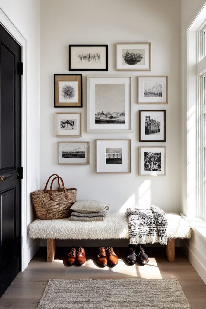 Bright entryway with mixed-frame gallery wall, shearling bench, woven tote, black door, and neutral modern decor in natural light.