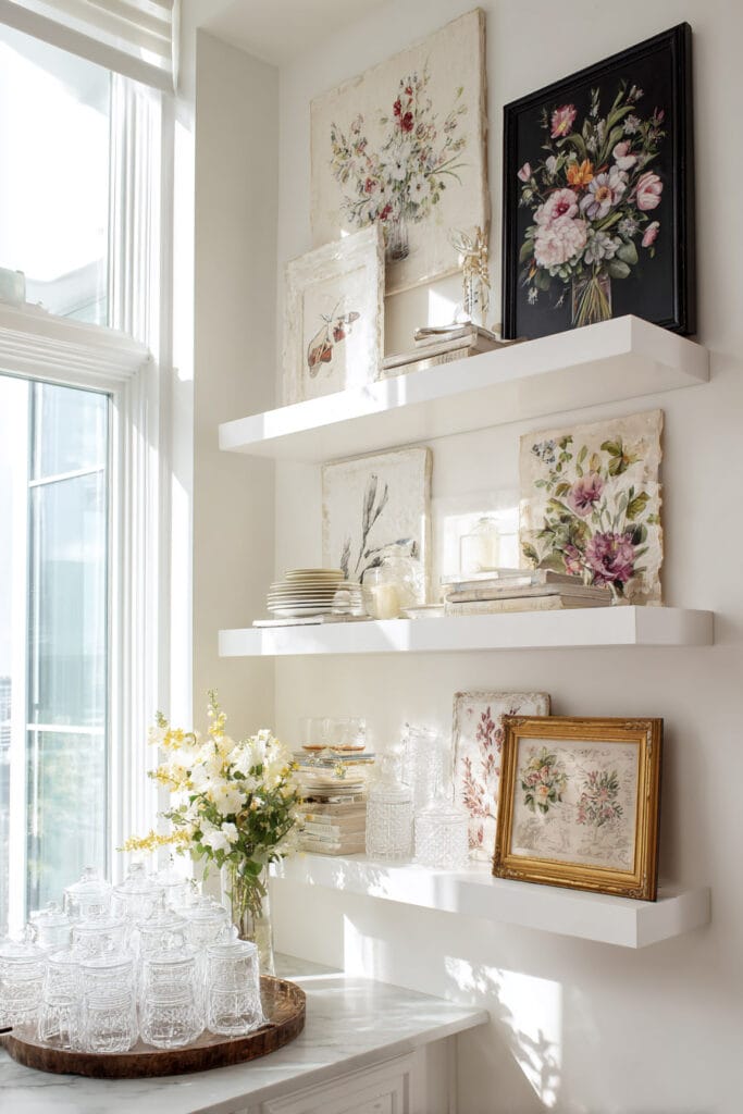 Floral art display on white floating shelves with vintage flower prints, glassware, books, and fresh blooms in bright natural light.