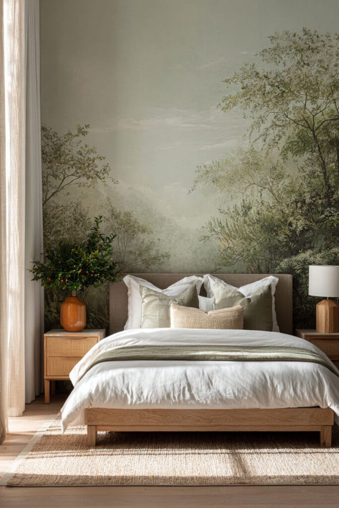 Sage green bedroom with nature-inspired wall mural, neutral bedding, and warm wood accents.