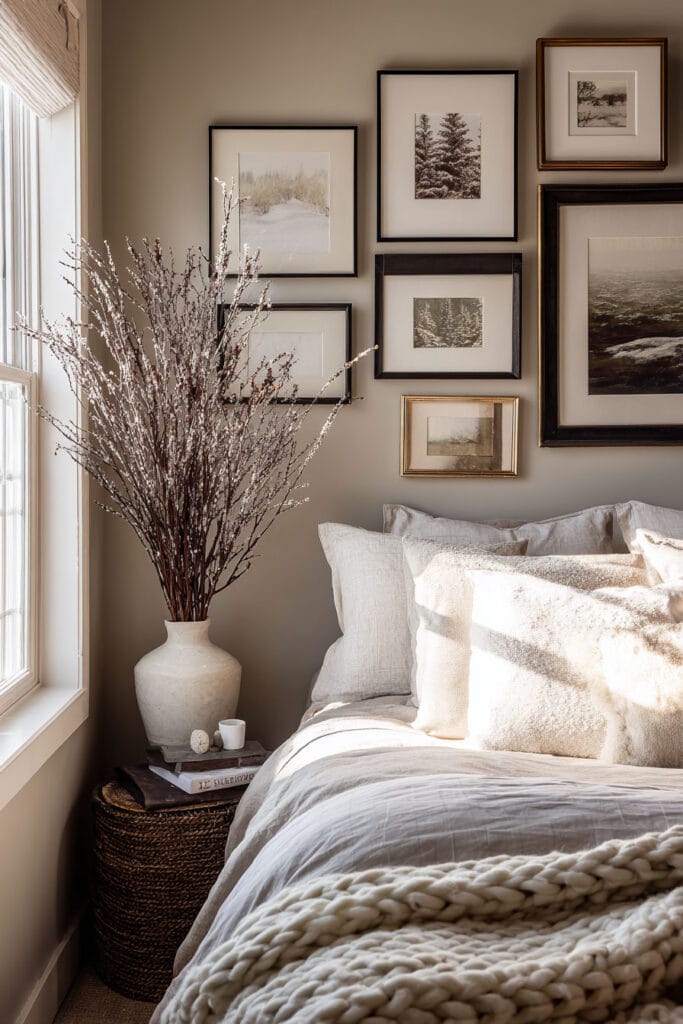 Cozy bedroom gallery wall with neutral framed landscape art, winter branches in ceramic vase, layered bedding, and knit throw.