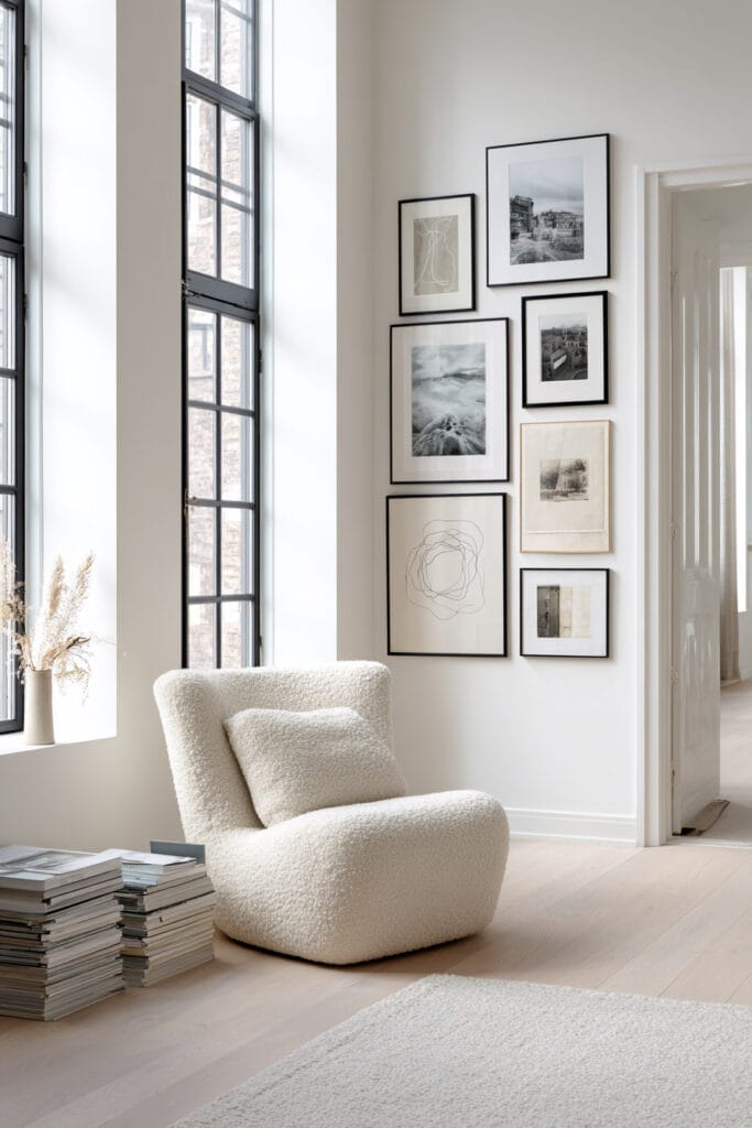 Minimalist black and white gallery wall with boucle chair, stacked art books, and large black-trimmed windows in a modern living space.