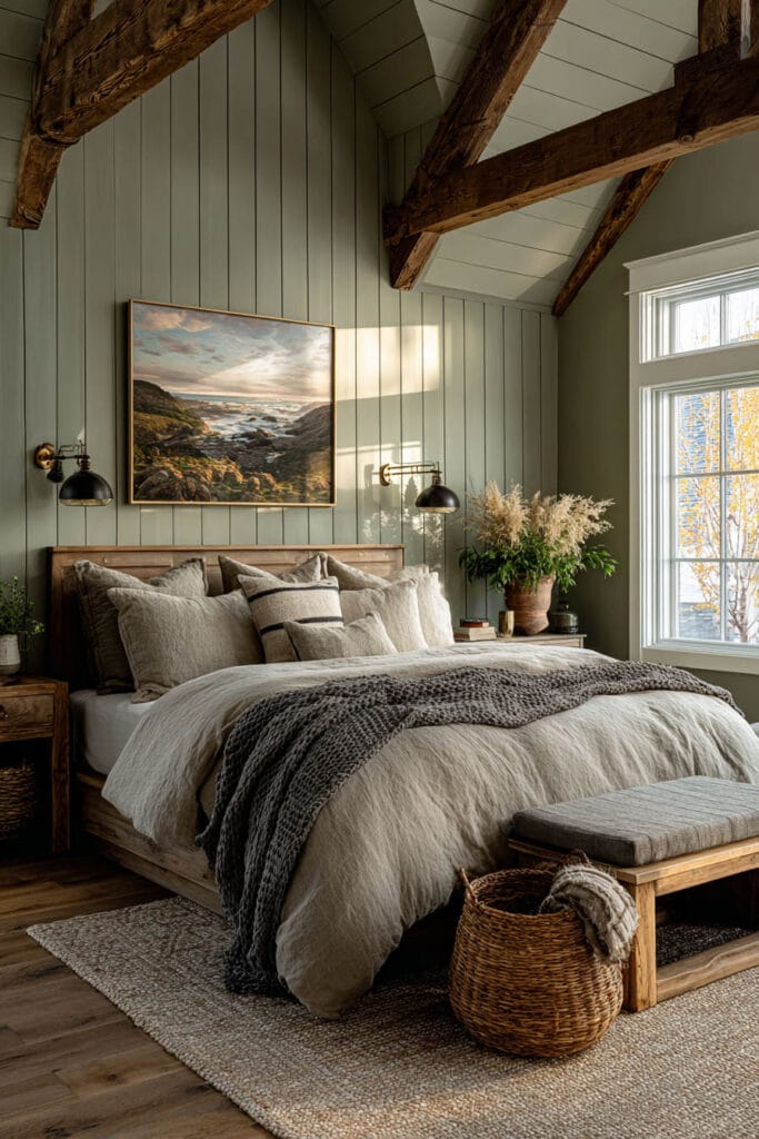 Rustic farmhouse bedroom with sage green shiplap walls, exposed wood beams, and cozy layered bedding.