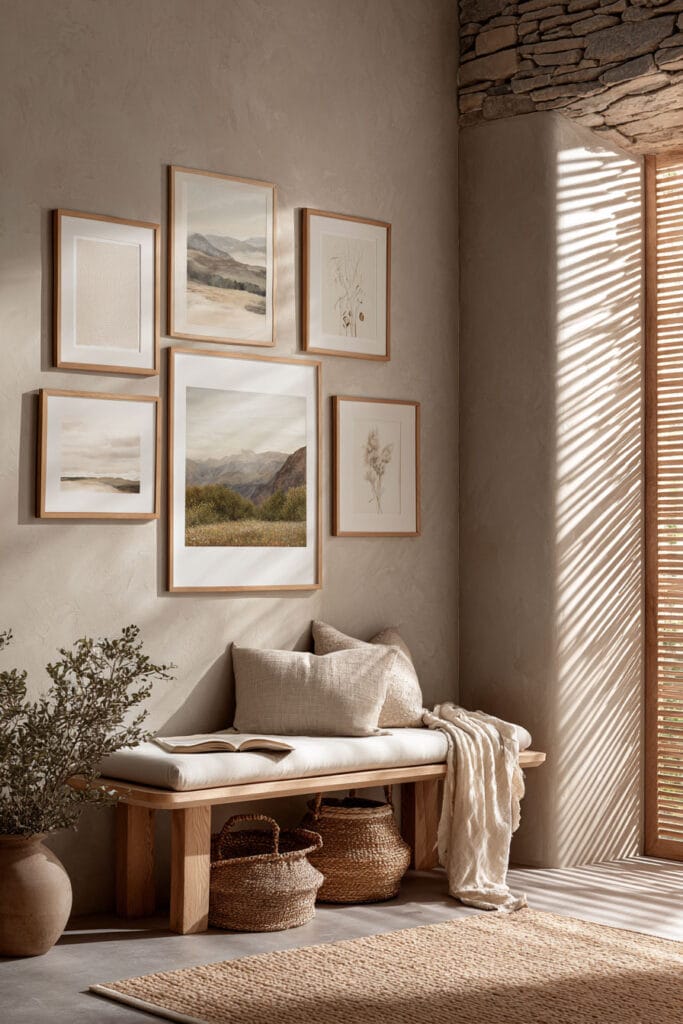 Earthy gallery wall with landscape art and wooden frames above a natural wood bench with linen cushions and woven baskets.