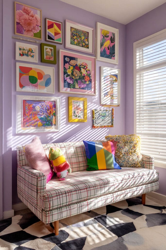 Colorful gallery wall with bright abstract and floral art, patterned sofa, and bold accent pillows in a playful, modern living space.