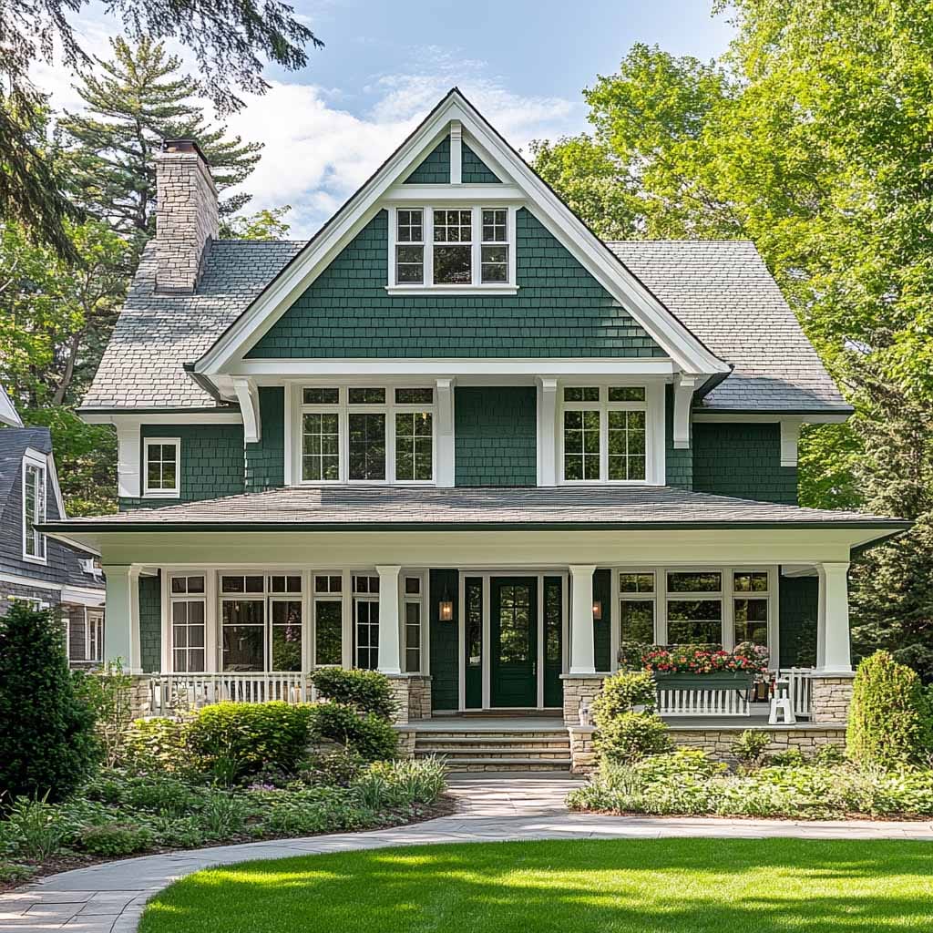 Green Craftsman-style house with white trim, stone accents, and a wraparound front porch surrounded by lush landscaping.