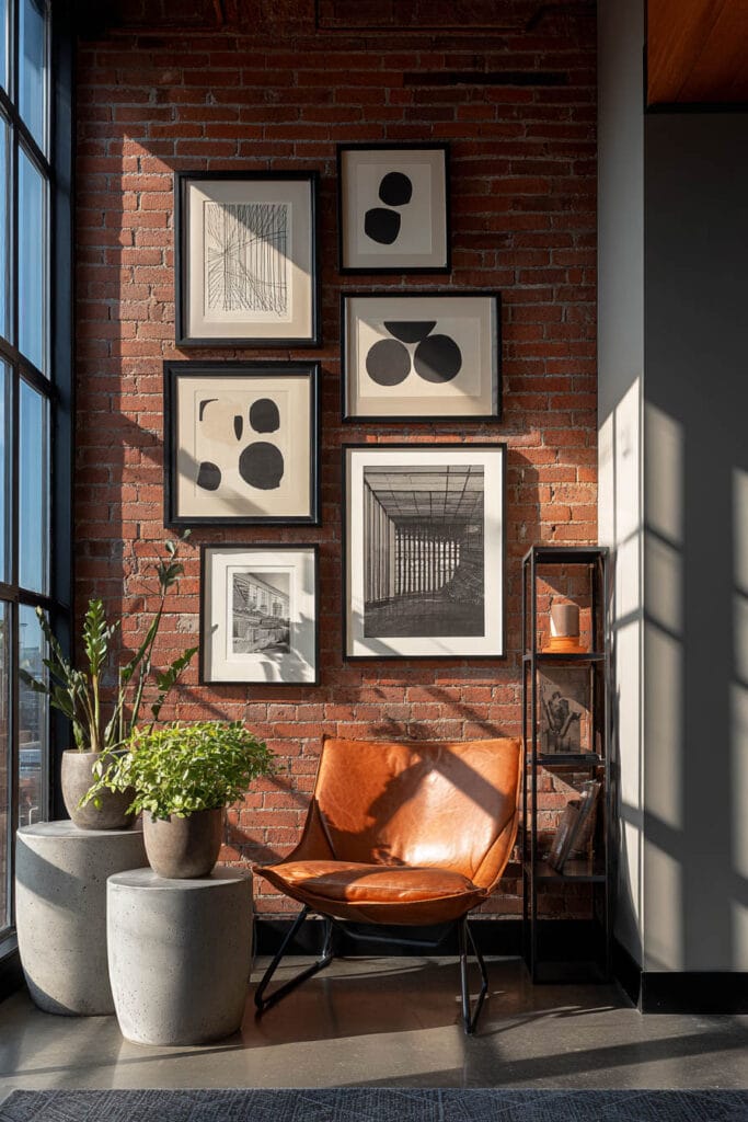 Modern industrial gallery wall with black-and-white abstract art on exposed brick, leather chair, and concrete planters.