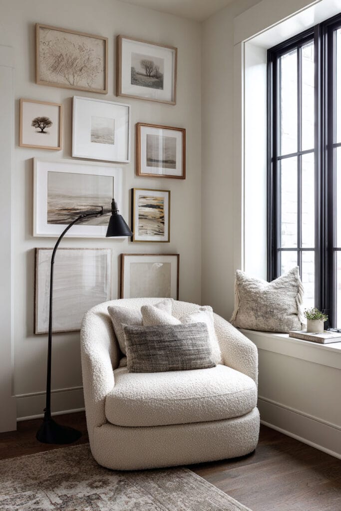 Neutral gallery wall with wood frames above a boucle chair and cozy window nook featuring soft neutral tones and layered textures.