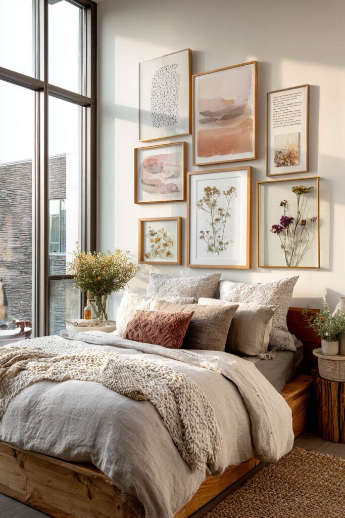 Bedroom gallery wall with gold frames and botanical prints above a cozy linen bed with layered neutral pillows and warm sunlight.