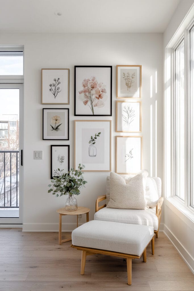 Botanical gallery wall with mixed black and gold frames in bright reading nook, neutral chair, light wood accents, and natural greenery.