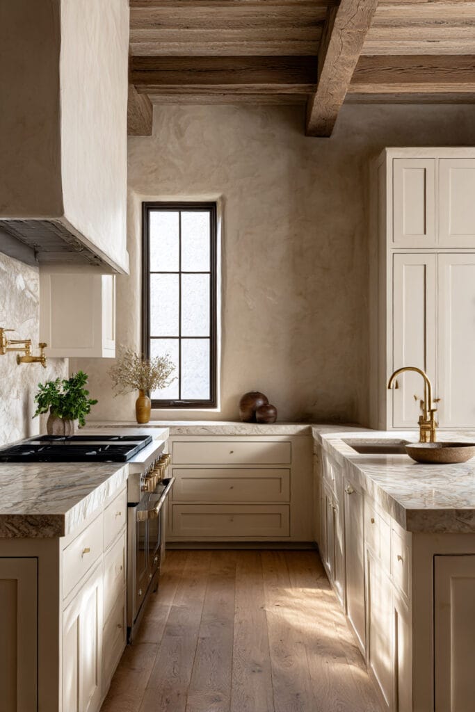 Warm neutral kitchen with creamy cabinets, marble countertops, rustic wood ceiling beams, brass fixtures, and minimal natural styling with greenery and ceramics.