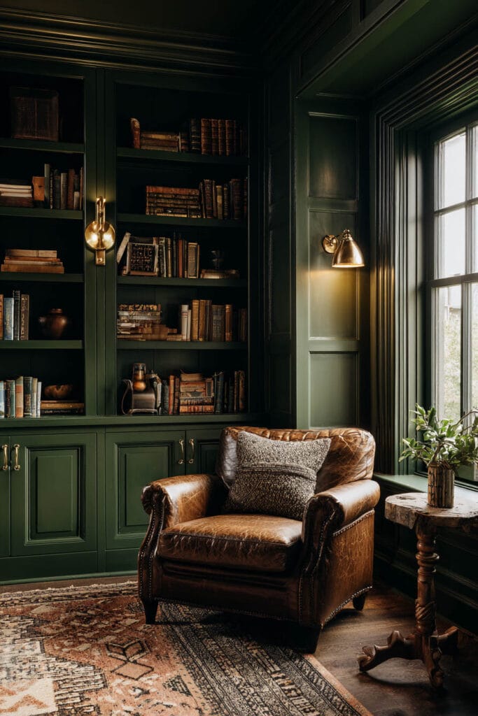 Moody olive-green library with leather armchair, brass sconces, and vintage books.