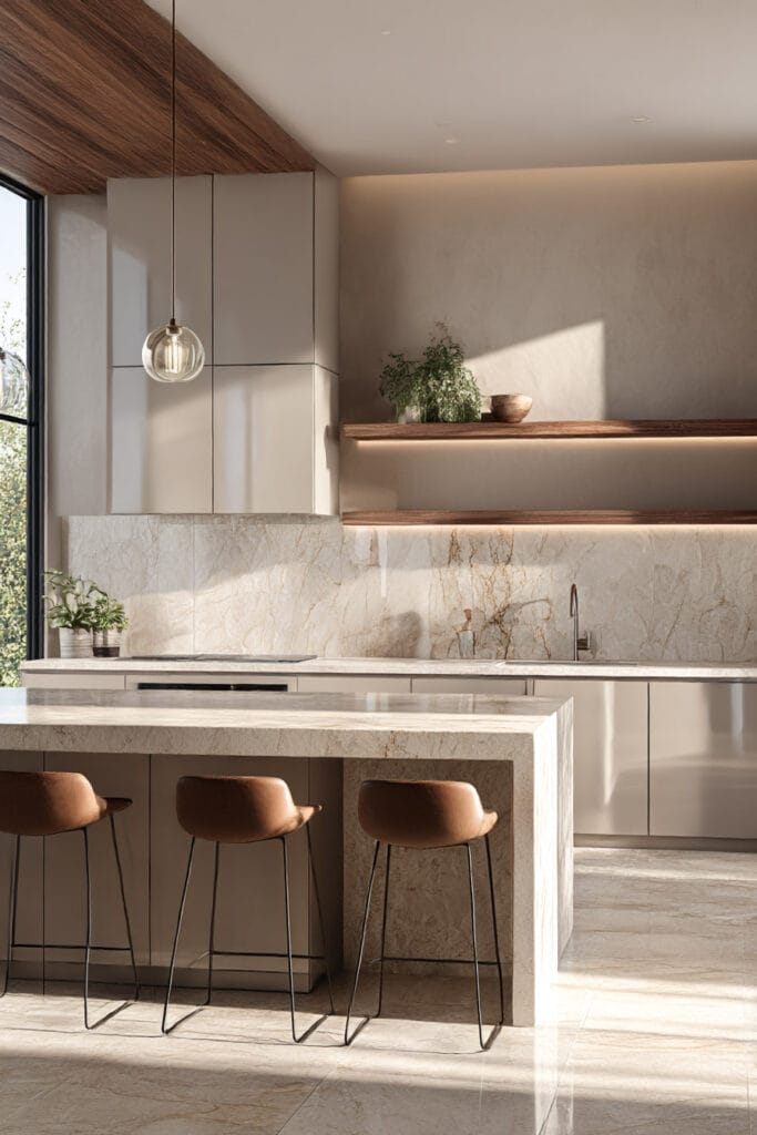 Warm neutral kitchen with taupe cabinets, stone waterfall island, floating wood shelf with lighting, brown counter stools, and modern natural lighting.