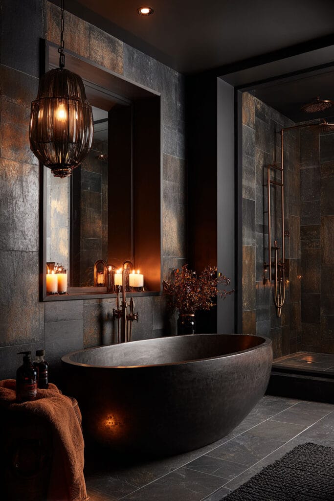 Moody bathroom with dark slate walls, bronze fixtures, soaking tub, and candlelight.