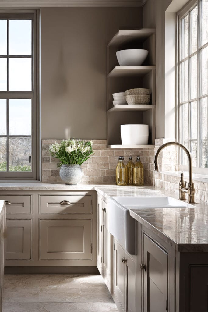 Warm neutral kitchen with taupe cabinets, farmhouse sink, brass faucet, brick-style backsplash, open shelving with baskets and ceramics, and natural light from large windows.