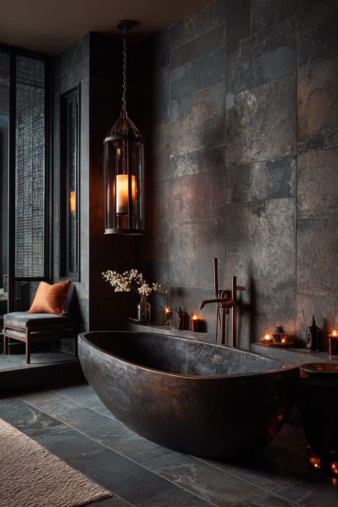 Luxury moody bathroom with dark slate walls, stone bathtub, candles, and pendant lantern.