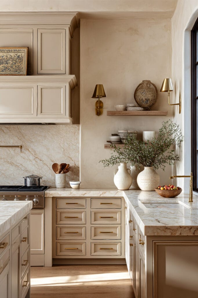 Warm neutral kitchen with creamy cabinets, brass sconces, marble countertops, plaster walls, small wooden shelves styled with ceramics, and brass hardware.