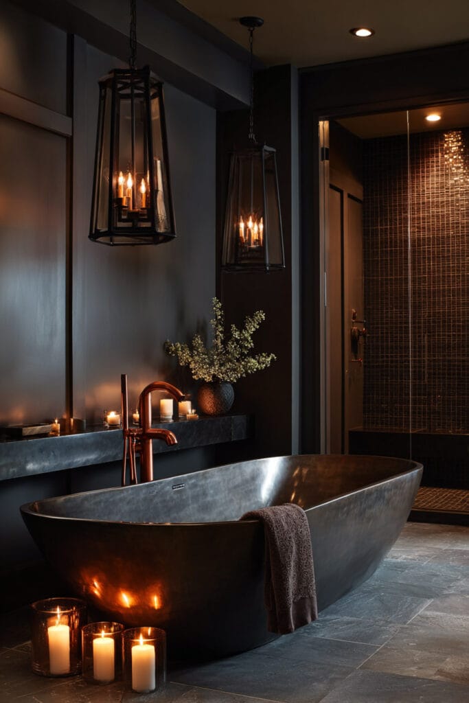 Dark moody bathroom with metallic soaking tub, copper fixtures, candles, and lantern pendants.