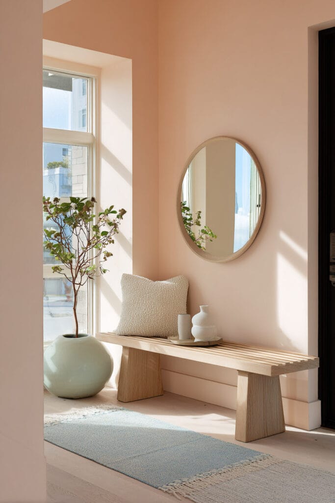 Light and airy entry nook with blush pink walls, natural wood bench, round mirror, textured pillow, sculptural vases, and pastel blue rug. Soft pastel color palette and minimalist decor.