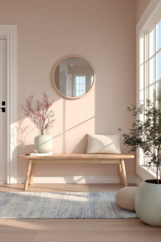 Airy entryway with blush walls, natural wood bench, soft blue rug, mint ceramic vases, minimalist decor, and abundant natural light.