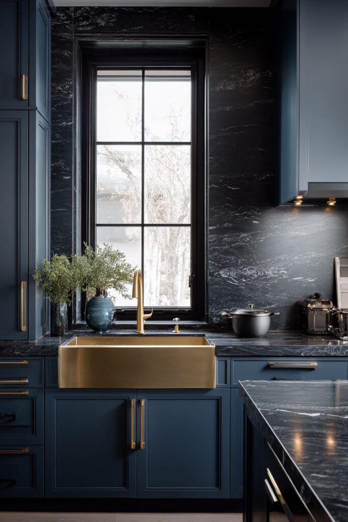 Navy and black moody kitchen with brass farmhouse sink, marble backsplash, and gold accents