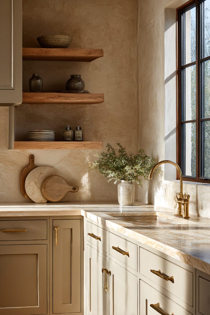 Warm neutral kitchen with taupe cabinets, brass hardware, stone countertops, rustic floating shelves, textured pottery, cutting boards, and natural light from a black-framed window.