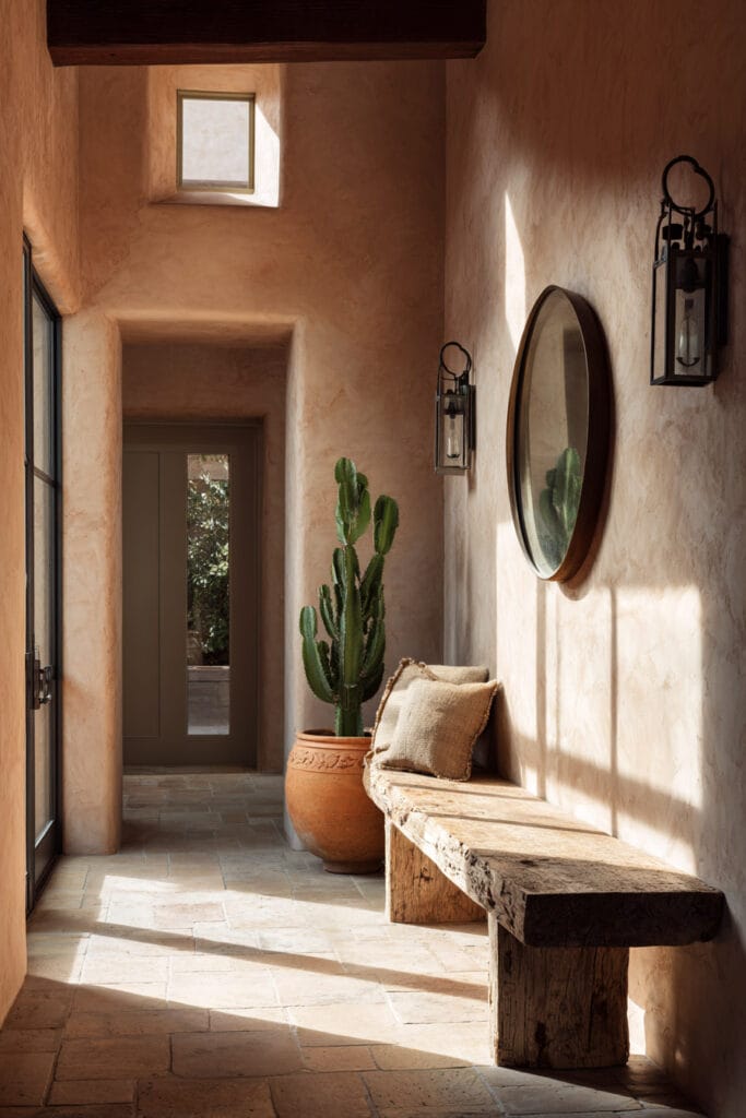 Hallway with textured plaster walls, terracotta tile floor, rustic wood bench, and potted cactus creating a warm desert-inspired color palette.