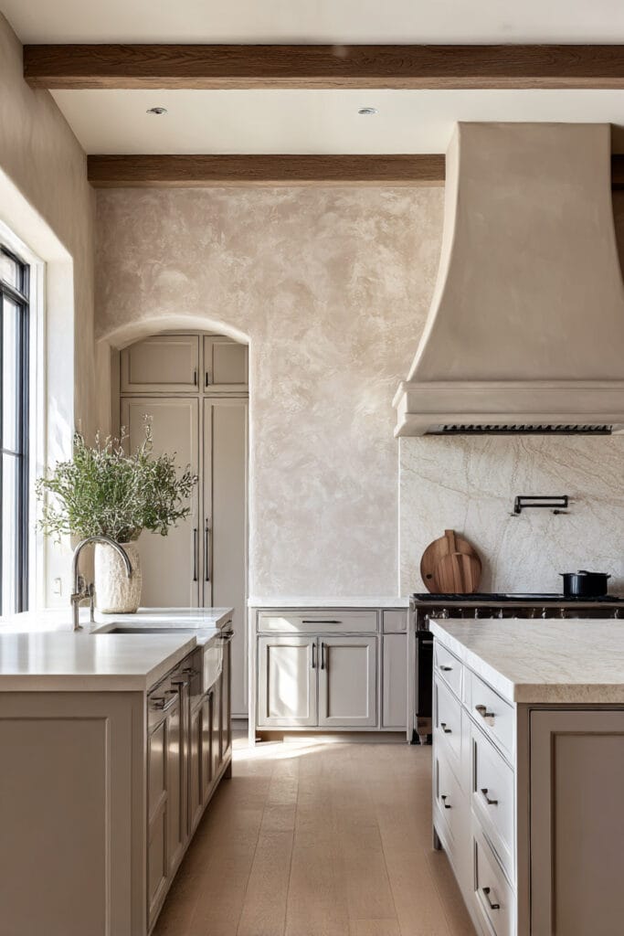 Warm neutral kitchen with plaster walls, taupe cabinets, sculpted range hood, wood ceiling beams, stone countertops, natural light, and simple organic styling.