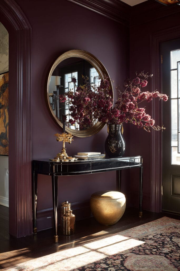 Moody entryway with plum walls, black console, gold mirror, and burgundy florals.