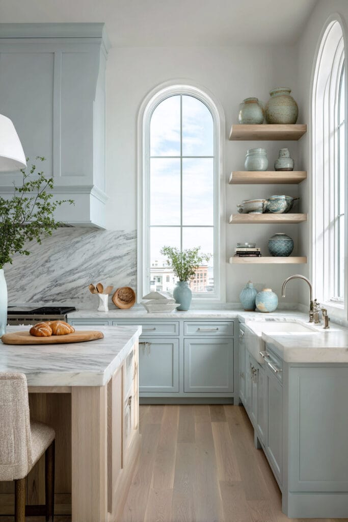 Coastal kitchen with pale blue cabinets, marble countertops, arched windows, open wood shelving, ceramic pottery, and light wood floors in an airy seaside style.