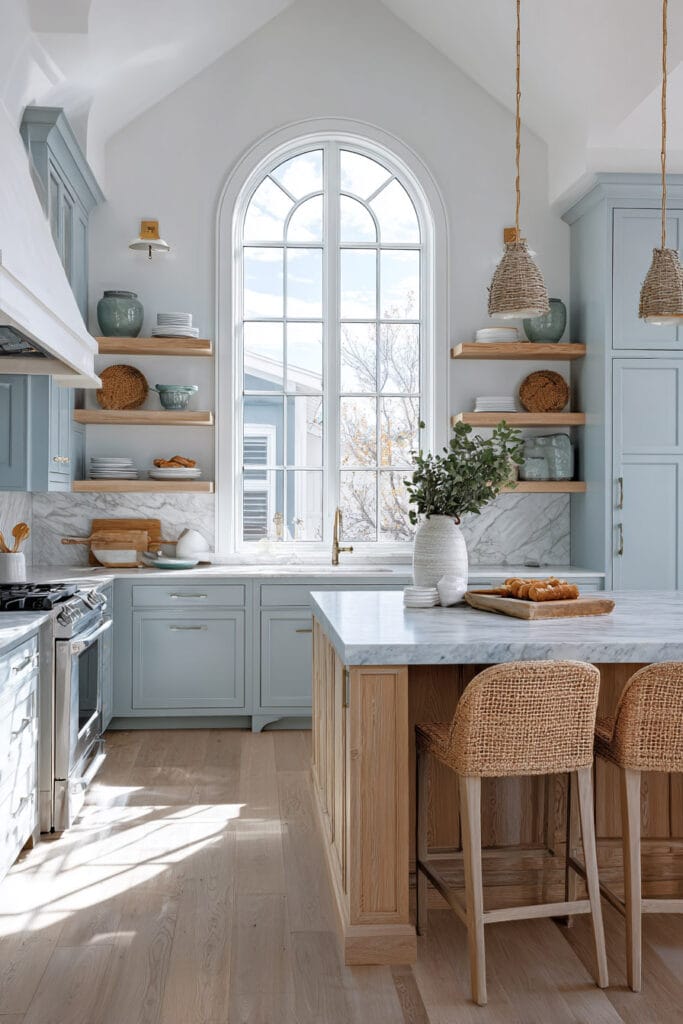 Coastal kitchen with soft blue cabinets, marble countertops, woven barstools, and arched window creating a light and airy blue color palette.