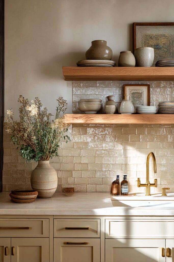 Warm neutral kitchen with tumbled tile backsplash, rustic wood shelves, earthy ceramic decor, brass faucet, creamy cabinets, and dried floral arrangement.