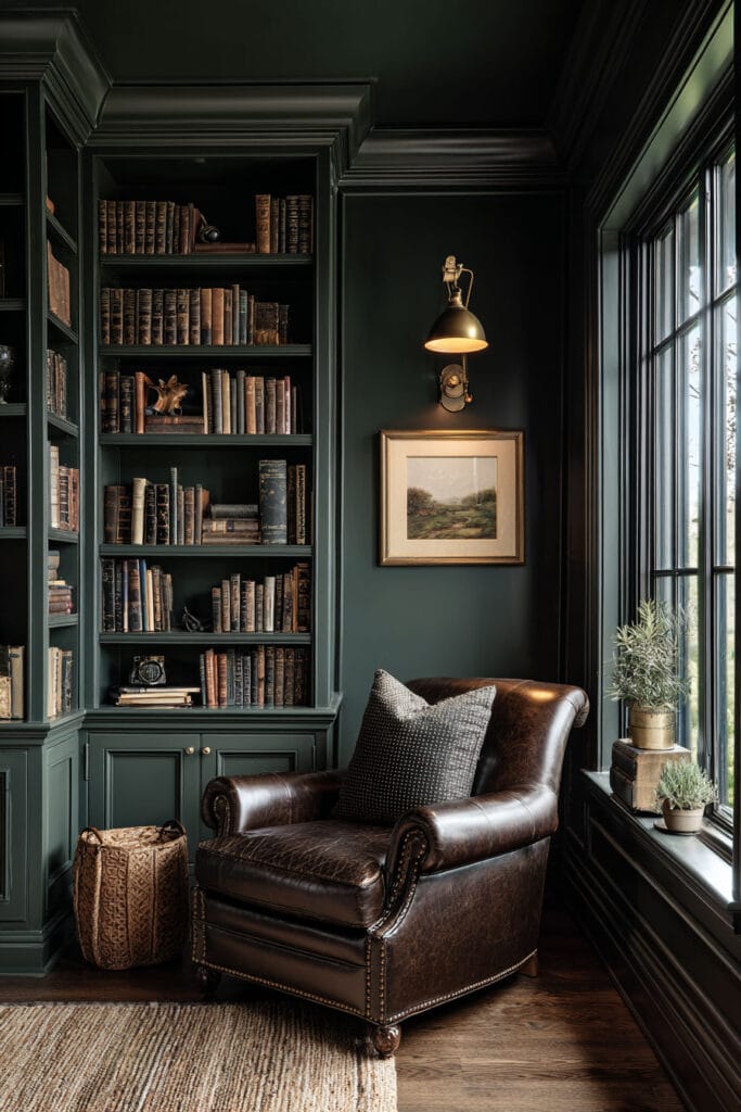 Moody green library corner with leather armchair, brass wall sconce, and built-in bookshelves.