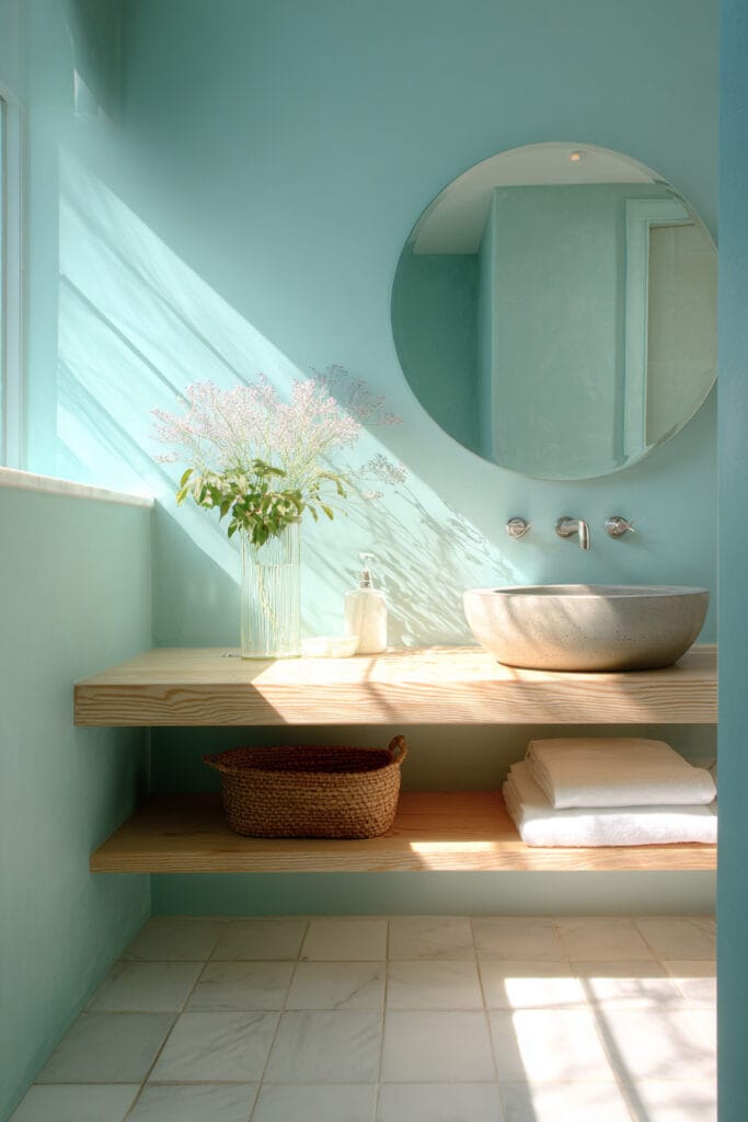 Coastal bathroom with aqua walls, light wood vanity, concrete sink, and natural sunlight creating a serene and spa-like blue color palette.