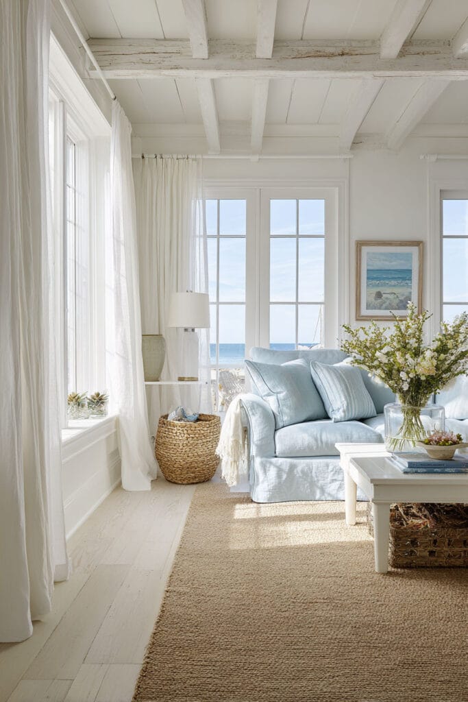 Airy coastal living room with light blue sofa, white curtains, natural woven rug, and ocean view. Relaxed beach-inspired color palette with soft blues, whites, and natural textures.