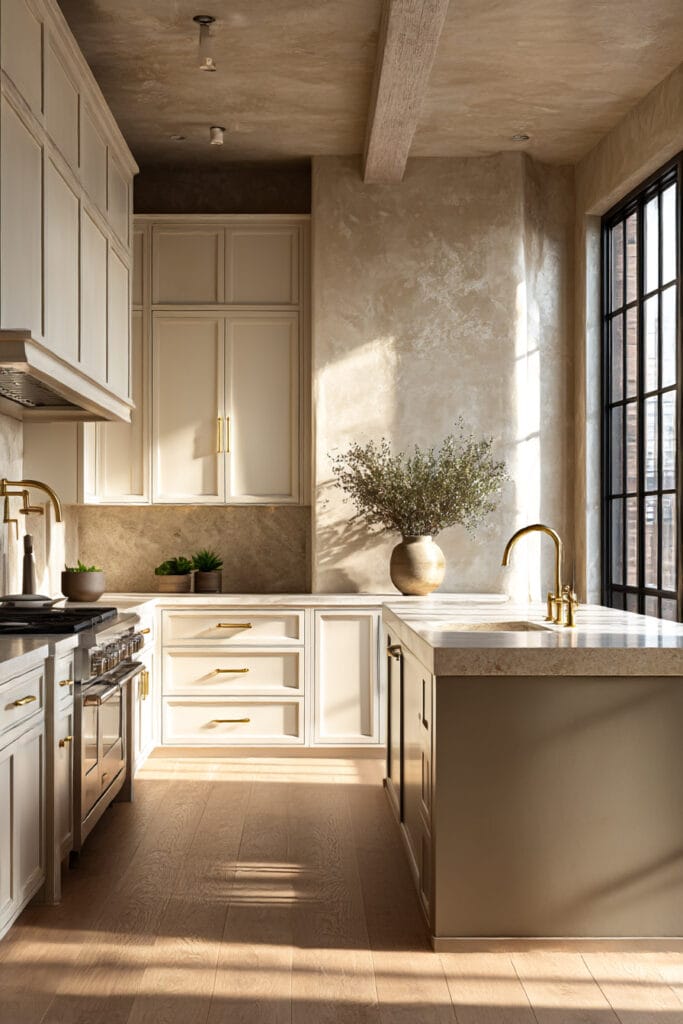 Warm neutral kitchen with plaster-textured walls, creamy cabinets, brass hardware, stone countertops, large black-framed window, and natural sunlight.