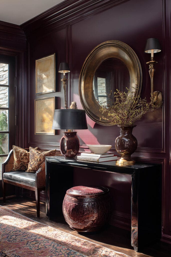 Burgundy room with black console, gold mirror, brass sconces, and moody lighting.
