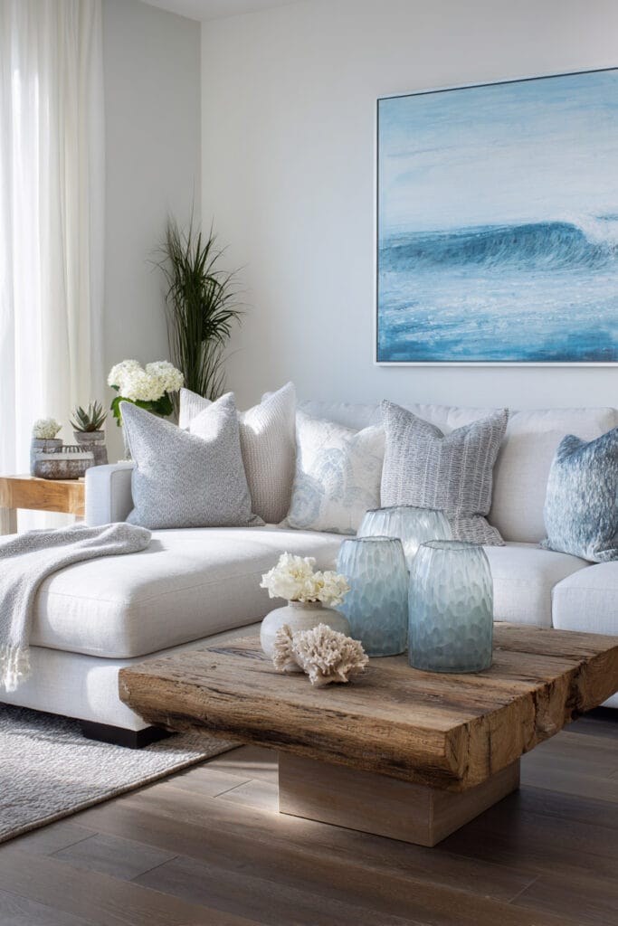 Coastal living room with ocean blue accents, driftwood coffee table, white sofa, and sea-inspired decor creating a cool blue color palette.