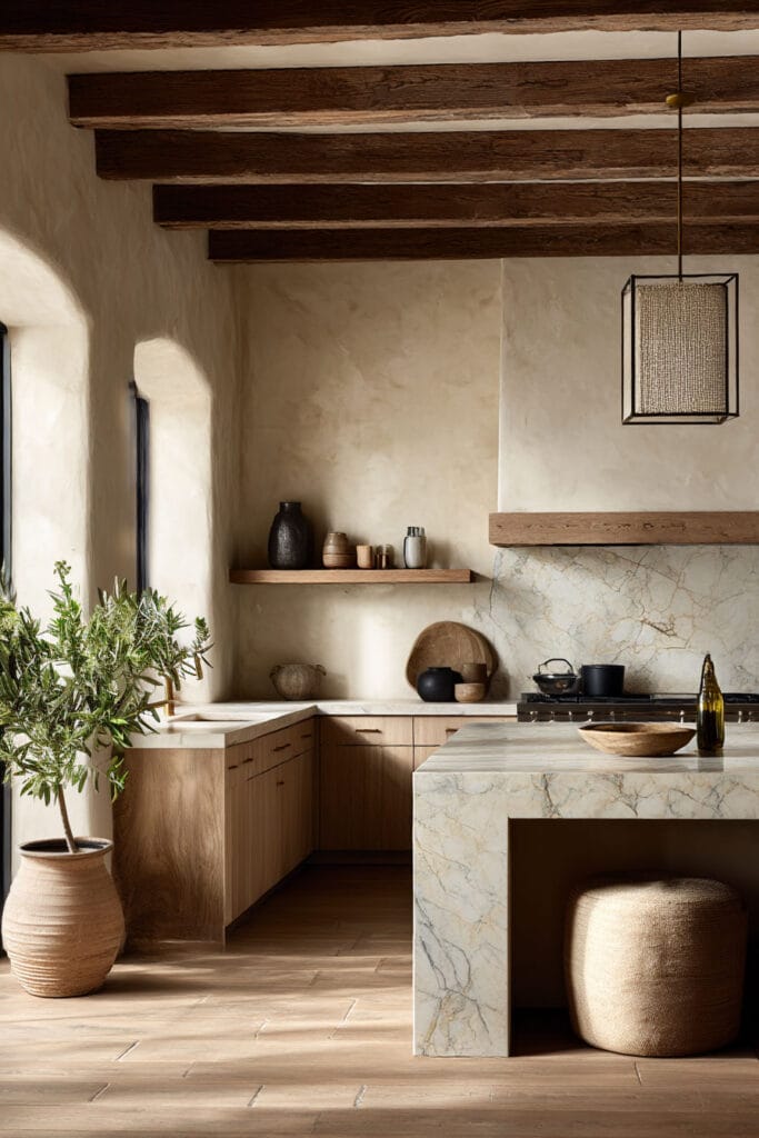 Warm neutral kitchen with rustic wood beams, plaster walls, stone countertops, natural wood cabinets, handcrafted pottery, woven pendant light, and potted olive tree.