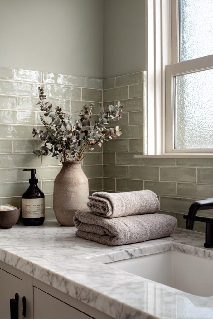 Bathroom with sage green tile backsplash, marble countertop, ceramic vase, and folded towels creating a soft spa-inspired color palette.