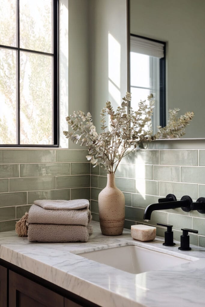 Sage green bathroom with subway tile backsplash, marble countertop, black faucet, stacked neutral towels, and ceramic vase with dried stem