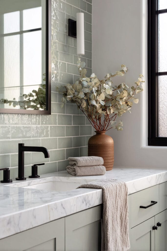 Sage green bathroom vanity with marble countertop, glossy green subway tile backsplash, matte black faucet, terracotta vase with eucalyptus, and neutral towels. Calm modern spa-inspired color palette.