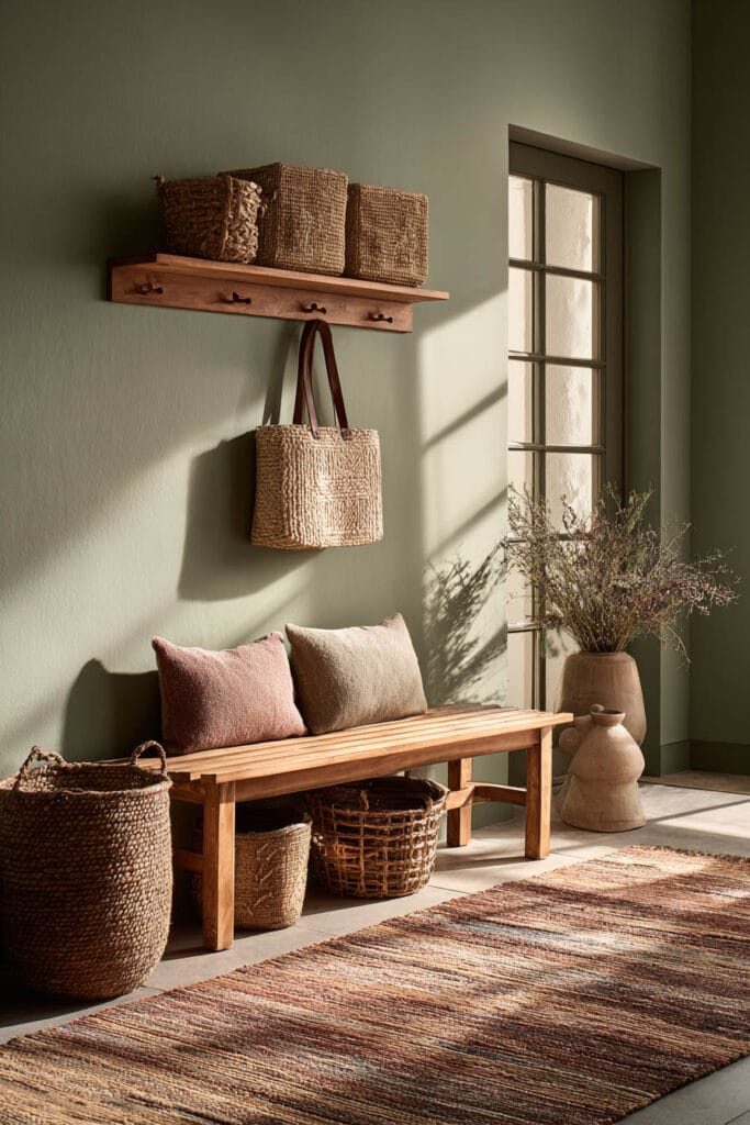 Sage green entryway with wooden bench, woven baskets, natural pillows, wall hooks with bag, dried stems in vase, and warm natural light.