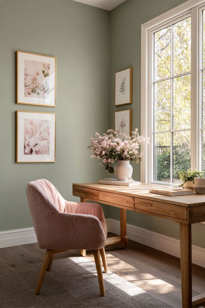 Sage green home office with natural wood desk, blush pink chair, floral artwork, and fresh flowers. Soft, calming workspace with muted color palette and natural light.